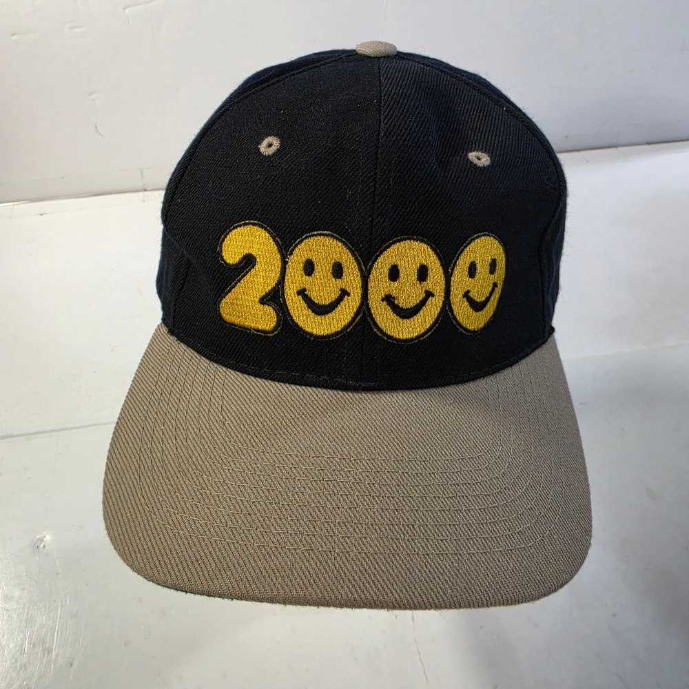 Vintage H Kap 2000 Smiley Face Snapback Hat Black Tan Y2K Wool Blend Cap